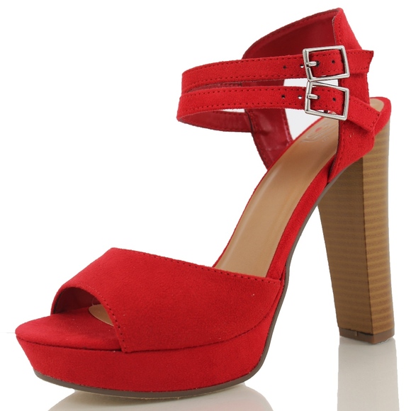Red open toe double strap Stacked Heel Sandal - Picture 2 of 7